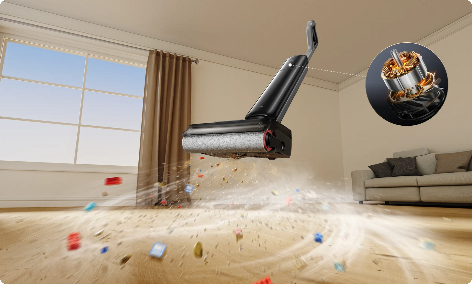 L'aspirateur laveur Dreame T12 Pro affiche une puissance d'aspiration cyclonique grâce à son plus petit moteur, éliminant le chocolat, l'œuf, la nourriture pour animaux et les spaghettis.