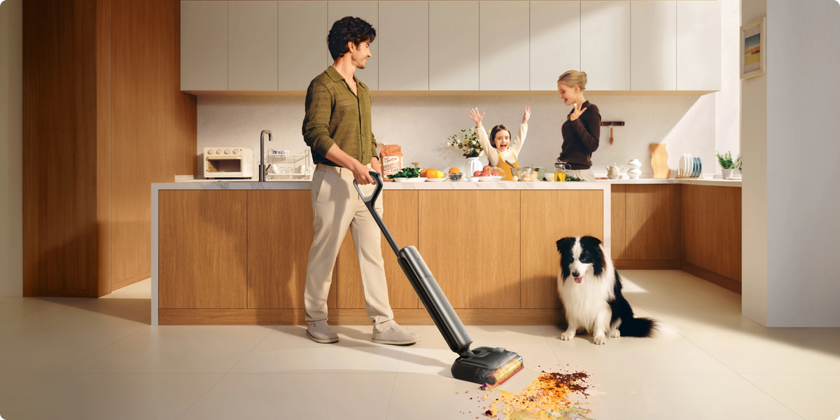 Family cleaning a kitchen floor with T16 Pro Heat