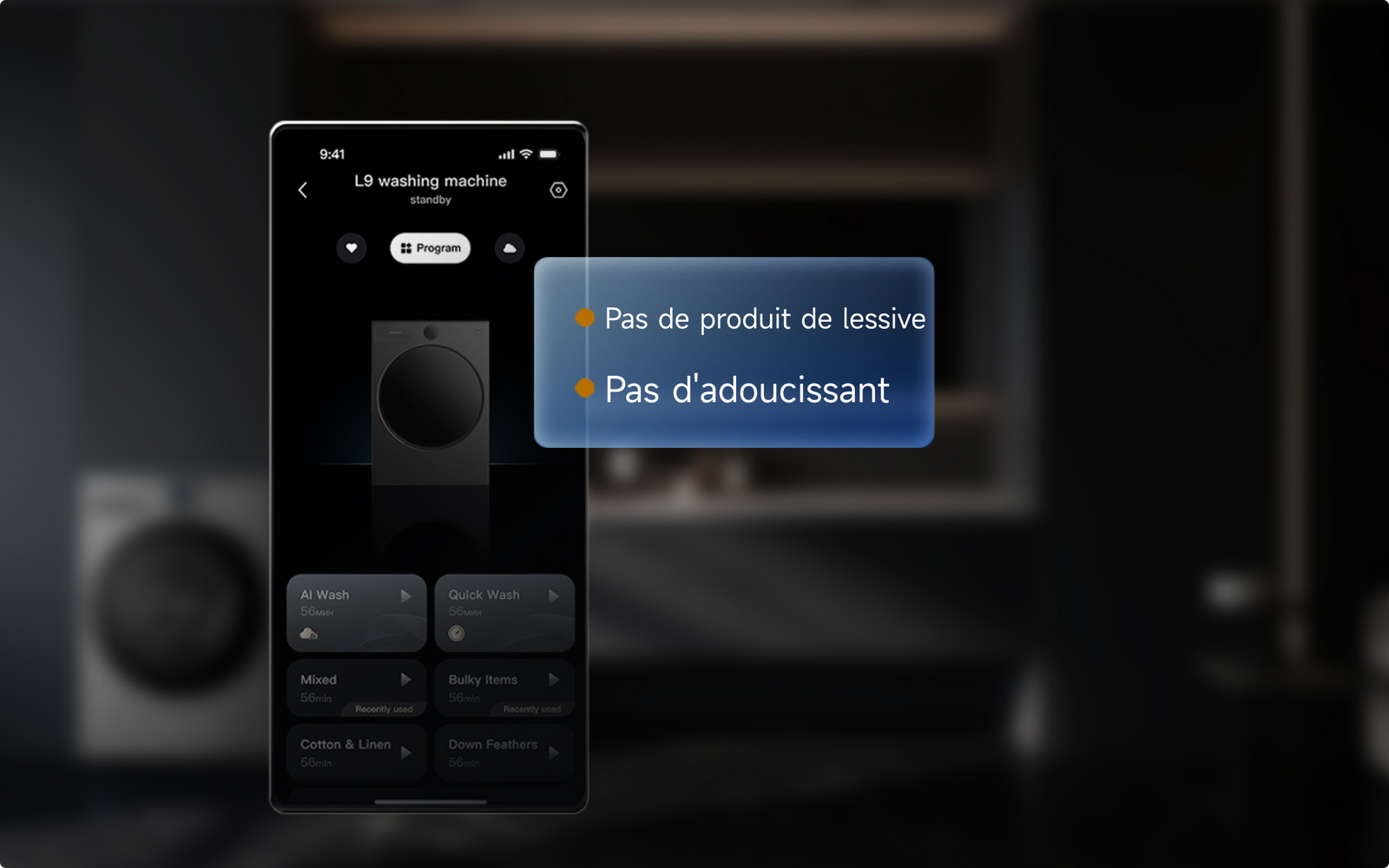 Dreame AI Inverter Washer L9 alertes sur l'app et la molette pour signaler un faible niveau de détergent ou d'adoucissant