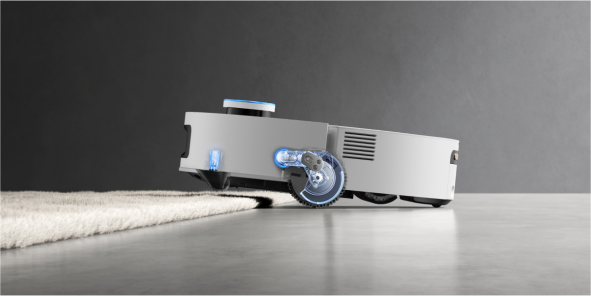 Dreame Aqua10 Ultra Roller Complete grimpe sur des tapis de 3cm grâce au système triple roue AgiLift pour un nettoyage adaptatif