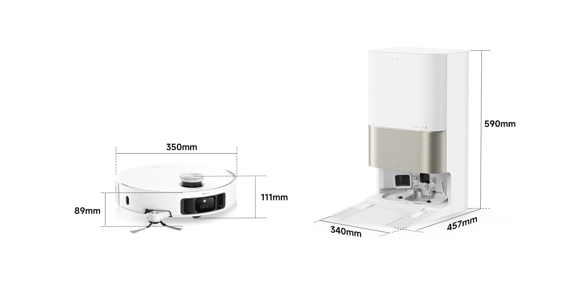 Présentation des spécifications et dimensions du robot aspirateur et de la station de base