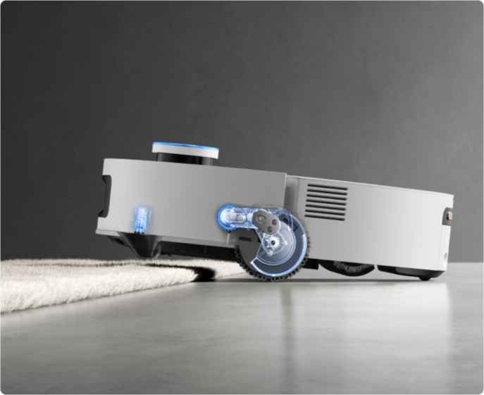 Dreame Aqua10 Ultra Roller Complete grimpe sur des tapis de 3cm grâce au système triple roue AgiLift pour un nettoyage adaptatif