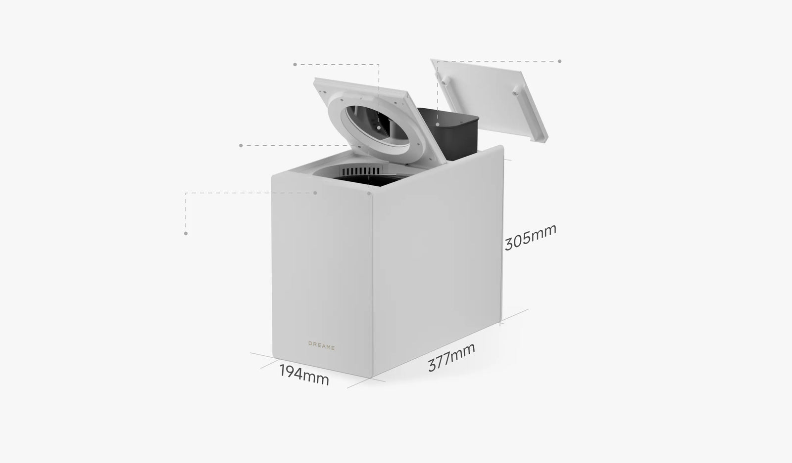 La vue éclatée du Dreame SF25 WiFi présente tous les composants principaux : boîte à filtre charbon actif, fenêtre lumineuse, chambre de séchage et écran, avec des dimensions de 194 x 305 x 377 mm.