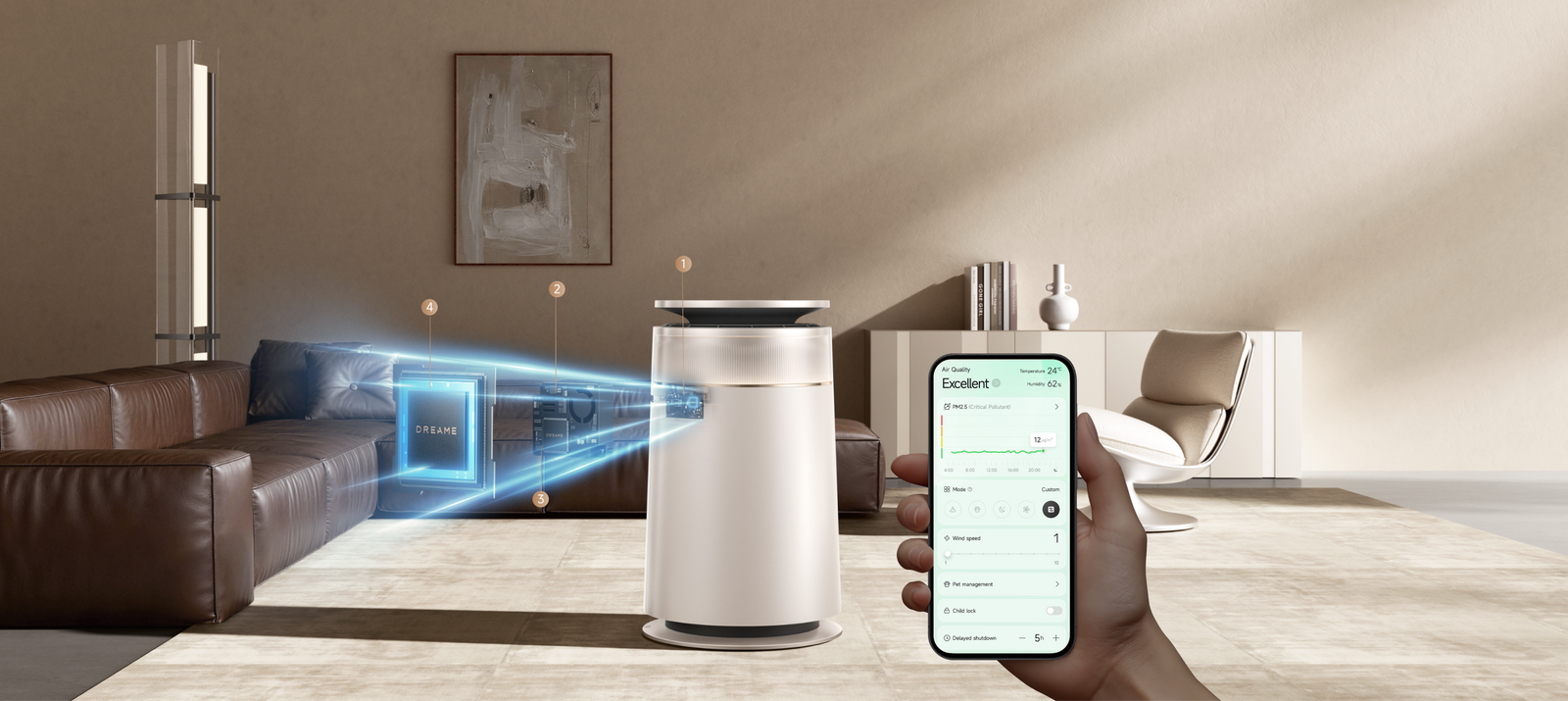Dreame FP10 Luftreiniger mit vier integrierten Sensoren für PM2,5 TVOC Temperatur und Feuchtigkeit bietet Echtzeit-Luftqualitätsdaten über die Dreamehome App.
