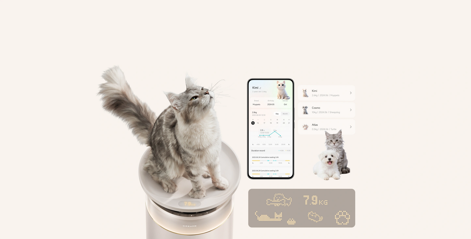 Dreame FP10 Luftreiniger optionale Haustierwaage mit App-Integration erfasst Gewicht und Tagesrhythmus mehrerer Haustiere automatisch und erstellt individuelle Profile.