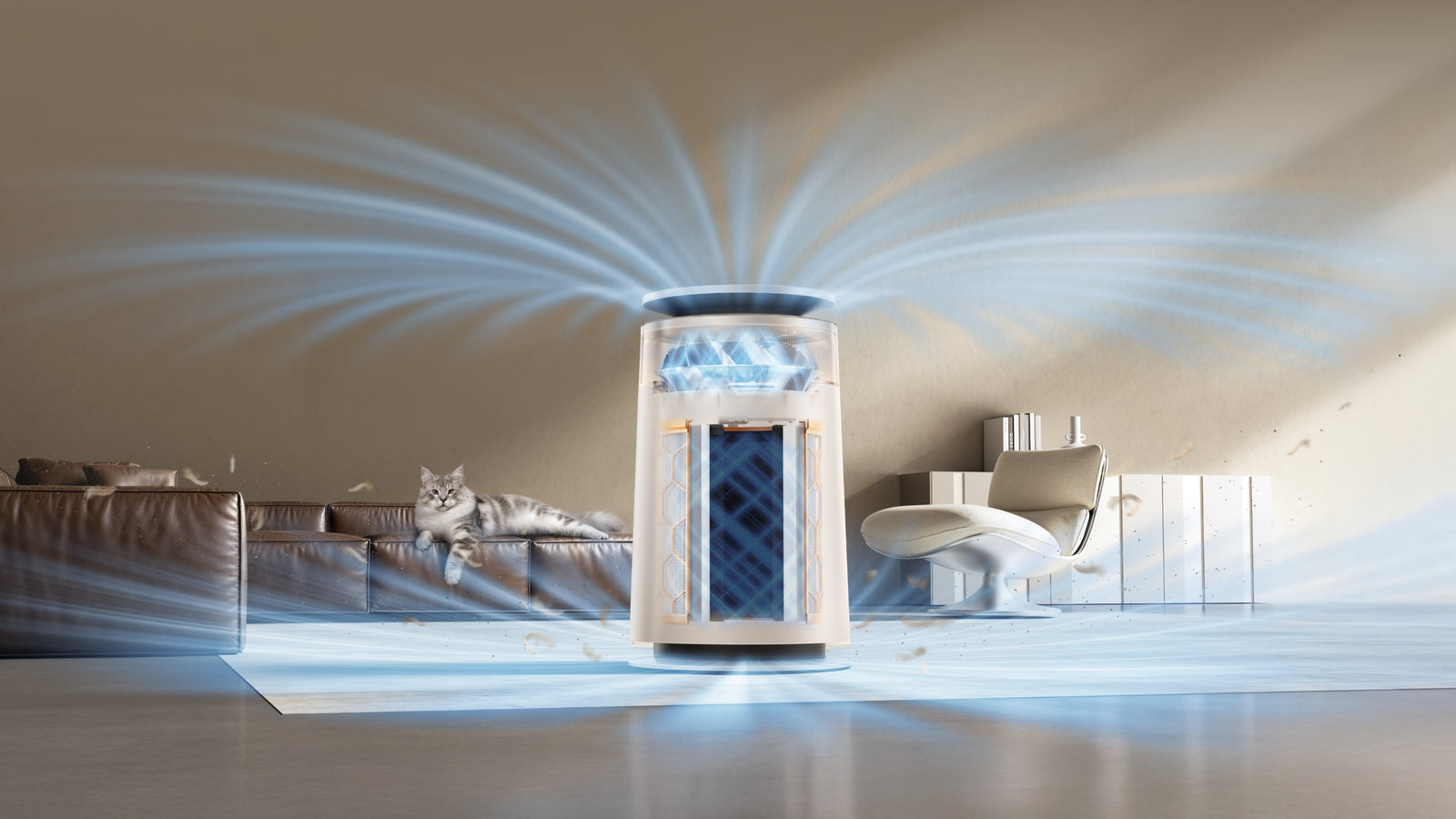Dreame FP10 Luftreiniger mit gitterlosem LoopBoost™ Luftstrom verteilt frische Luft schnell im gesamten Wohnraum und löst typische Luftprobleme in Haushalten mit Haustieren.