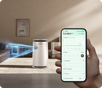 Dreame FP10 Luftreiniger per Dreamehome App in Echtzeit fernsteuern mit Luftqualitätsdaten und Betriebsmodi auf einen Blick im Wohnzimmer.