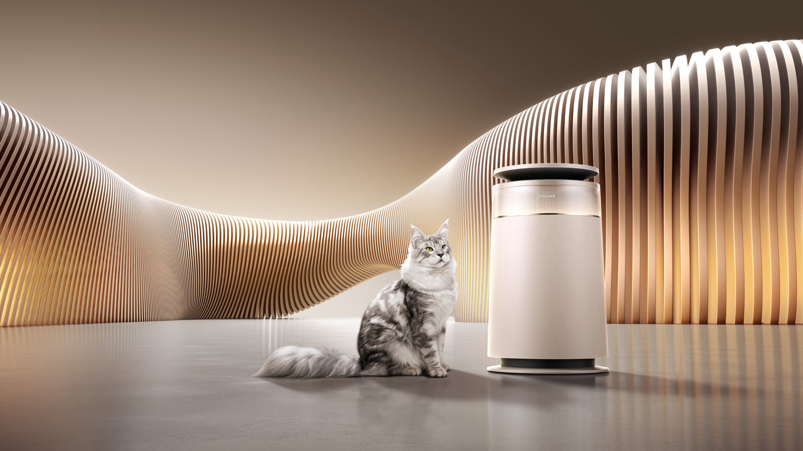 Dreame Air Purifier FP10 Luftreiniger mit weltweit erstmaligem Walzen-Selbstreinigungssystem und Red Dot Award neben einer Katze.