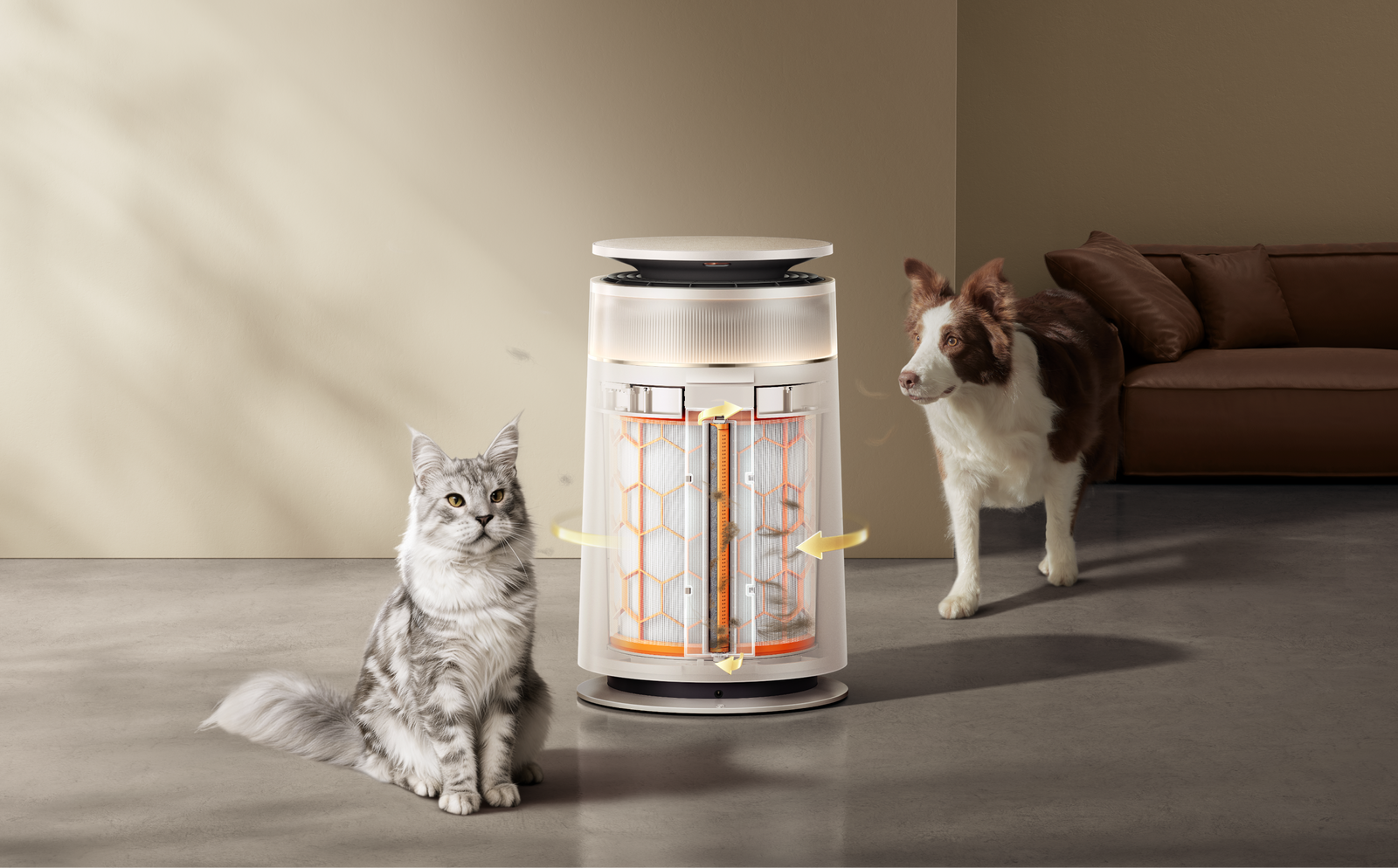La double brosse rotative du Dreame FP10 Purificateur d'air pour animaux collecte les poils à 99,5 % en maintenant des performances durables.