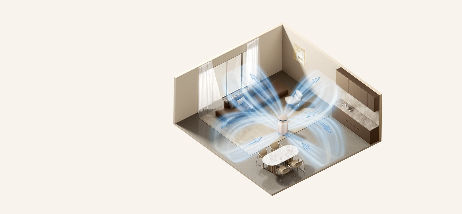 Dreame FP10 Luftreiniger Draufsicht mit LoopBoost™ Luftstrom der die Reinigungseffizienz um 19 % steigert und eine Reinigungsrate von 5,8 m³/min erreicht.