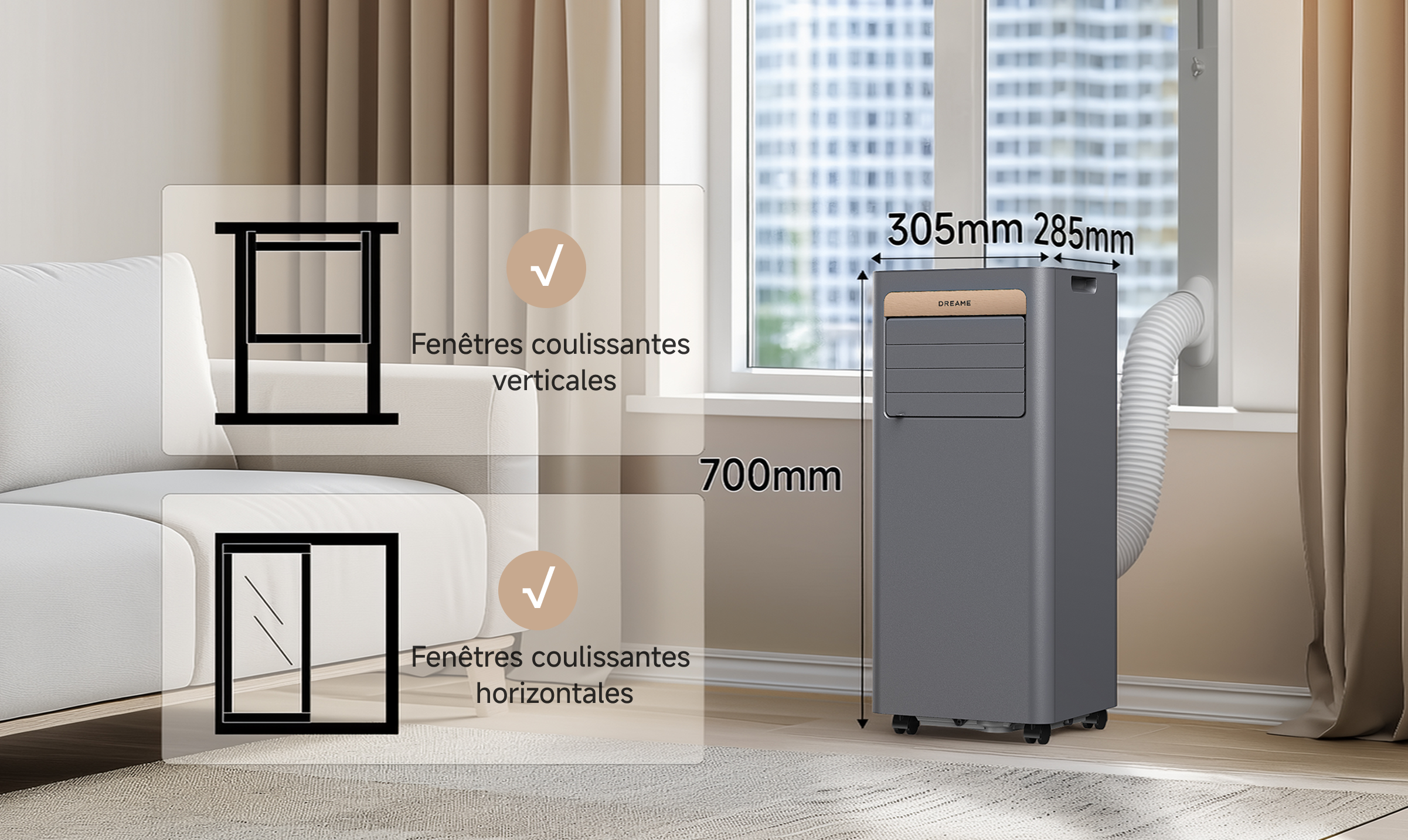 Dreame Climatiseur portable P-Wind10 9 000 BTU aux dimensions 305×285×700 mm est compatible avec les fenêtres coulissantes de 650 à 1250 mm de hauteur