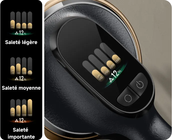 Écran LCD  Dreame   Z30 Pro Aqua-A affichant les statistiques de nettoyage et l'état de l'appareil en temps réel.