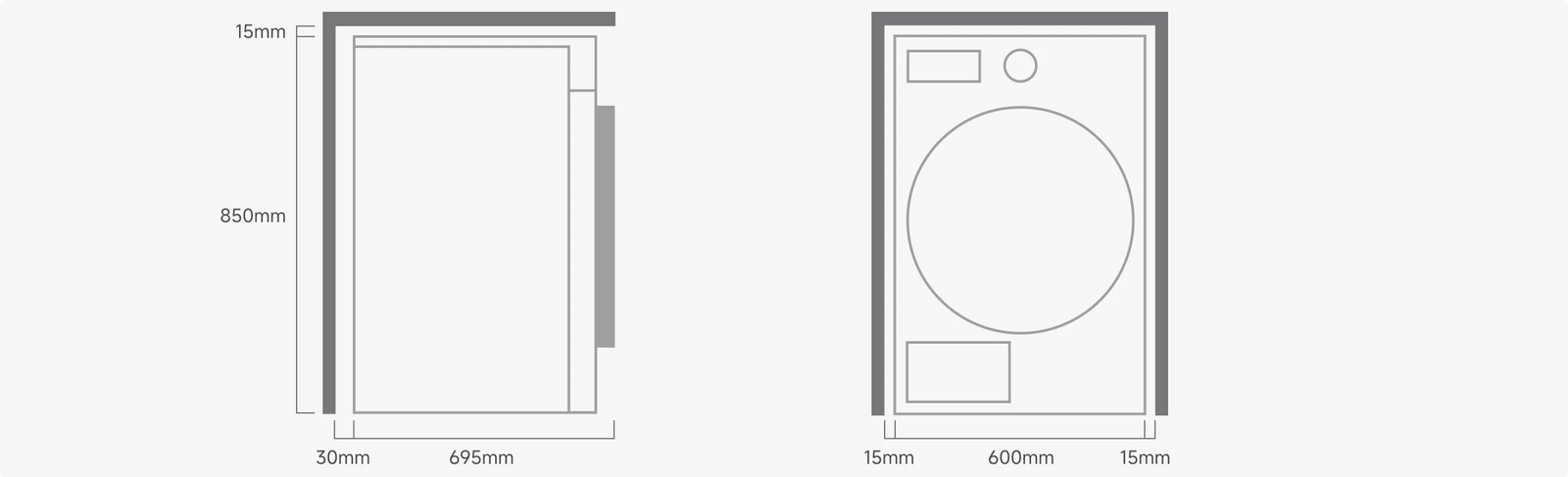 Dreame AI Dual Inverter Dryer L9 dimensions installation vue de côté 850x695mm dégagement 30mm vue de face 600mm meuble 700mm