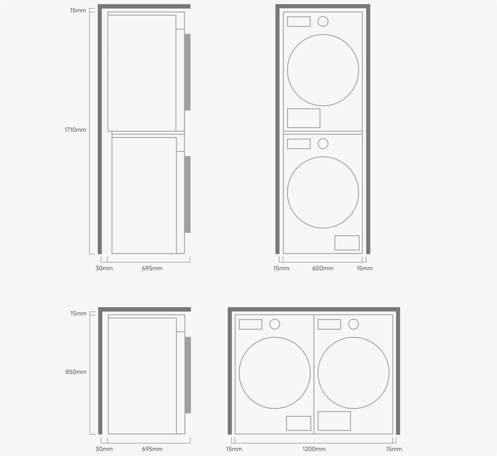 Dreame AI Dual Inverter Dryer L9 ensemble lave-linge sèche-linge dimensions superposé 1710x600mm côte à côte 850x1200mm