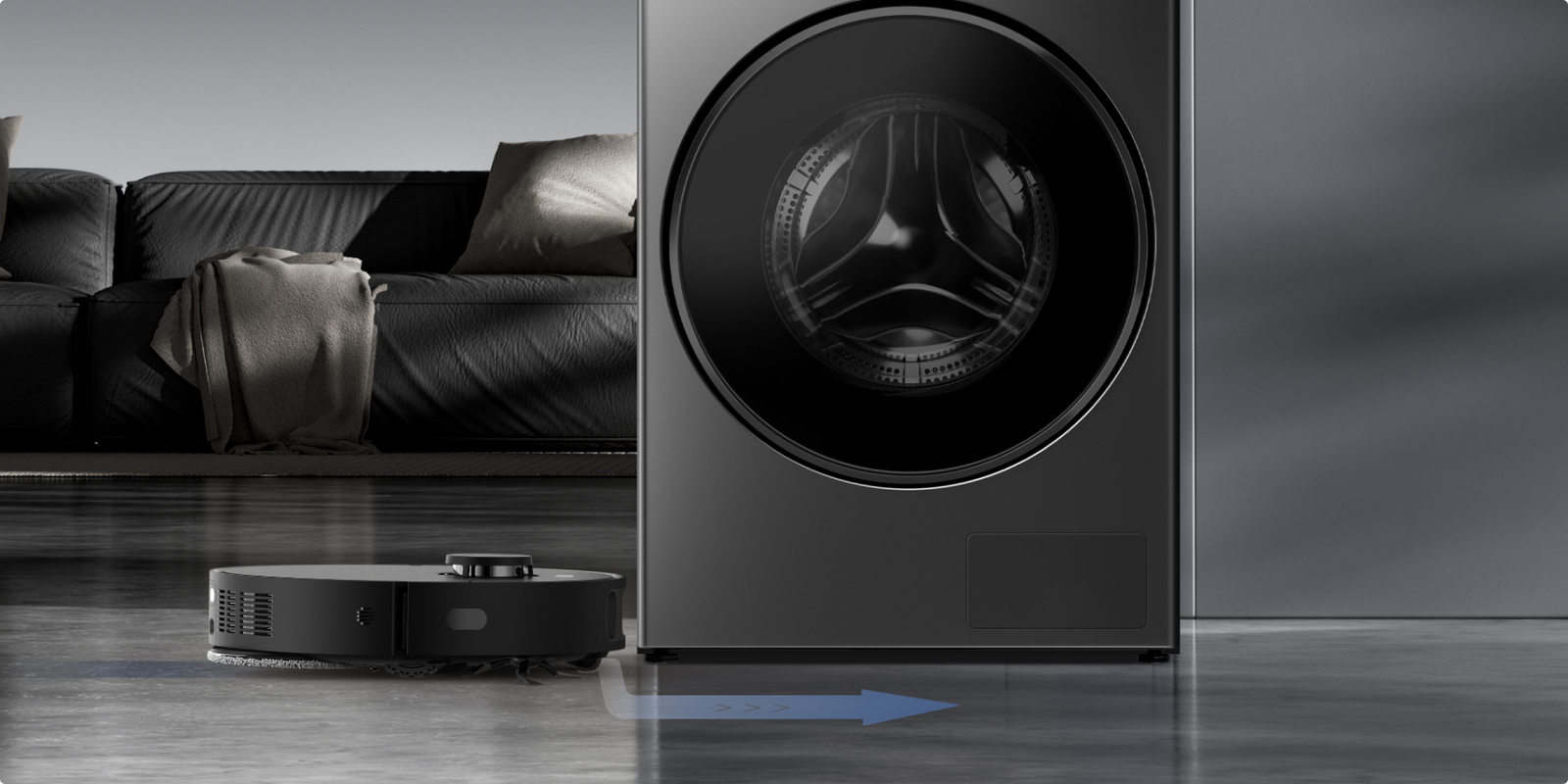 Dreame AI Inverter Washer L9 socle compatible robot aspirateur laissant un passage libre pour nettoyer sans obstacles