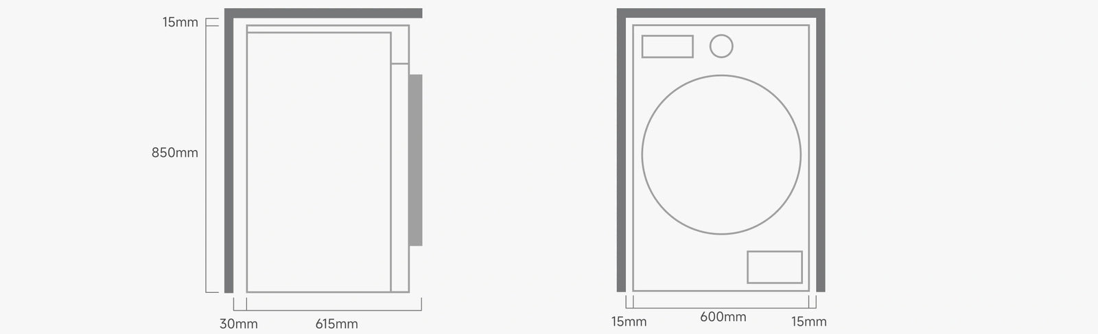 Dreame AI Inverter Washer L9 schéma de dimensions vue de face pour planification d'installation 