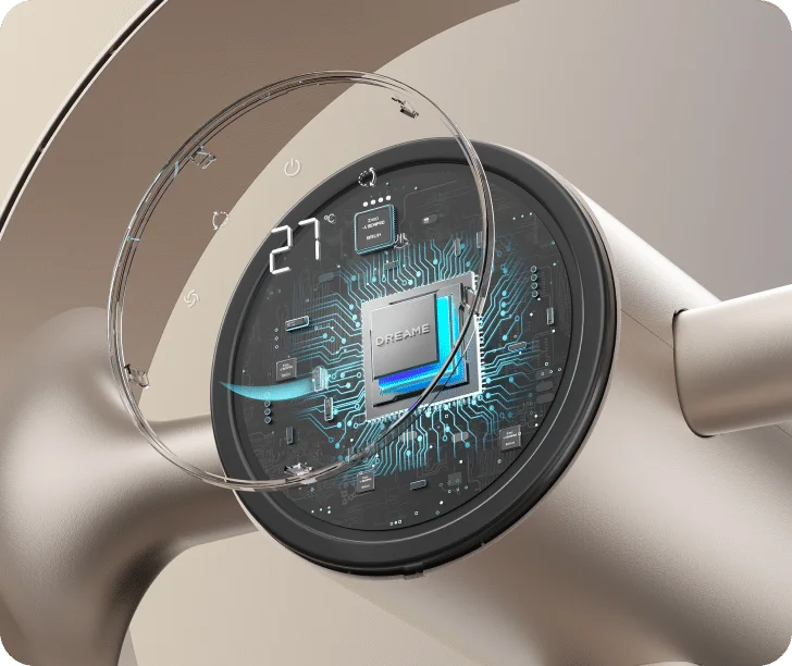 La puce TempSync™ intégrée du Dreame MF10 Ventilateur sans pales détecte les variations de température en temps réel et adapte le débit automatiquement.