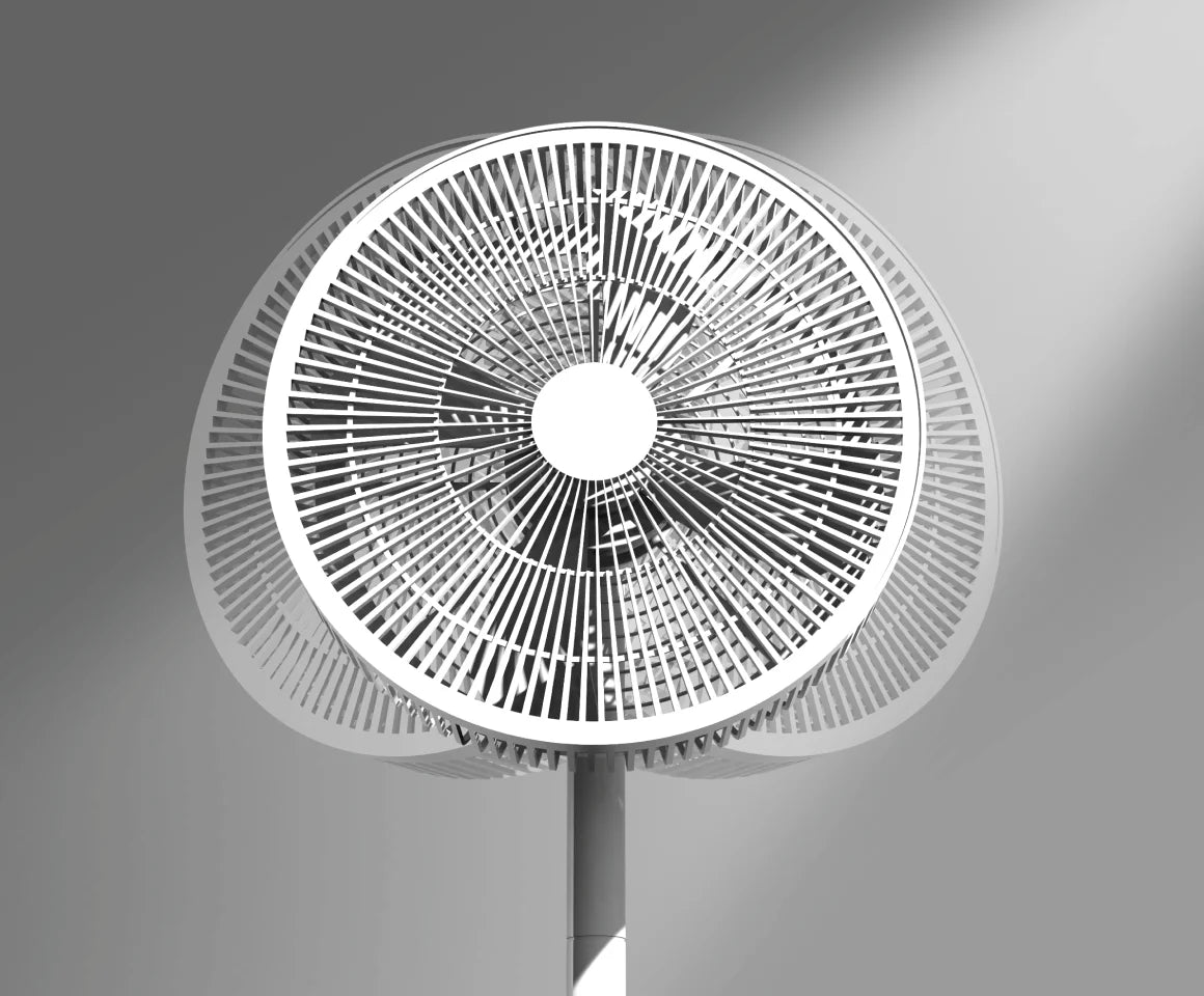 Ventilateur classique à oscillation unidirectionnelle, soulignant sa couverture limitée face au Dreame MF10 Ventilateur sans pales.