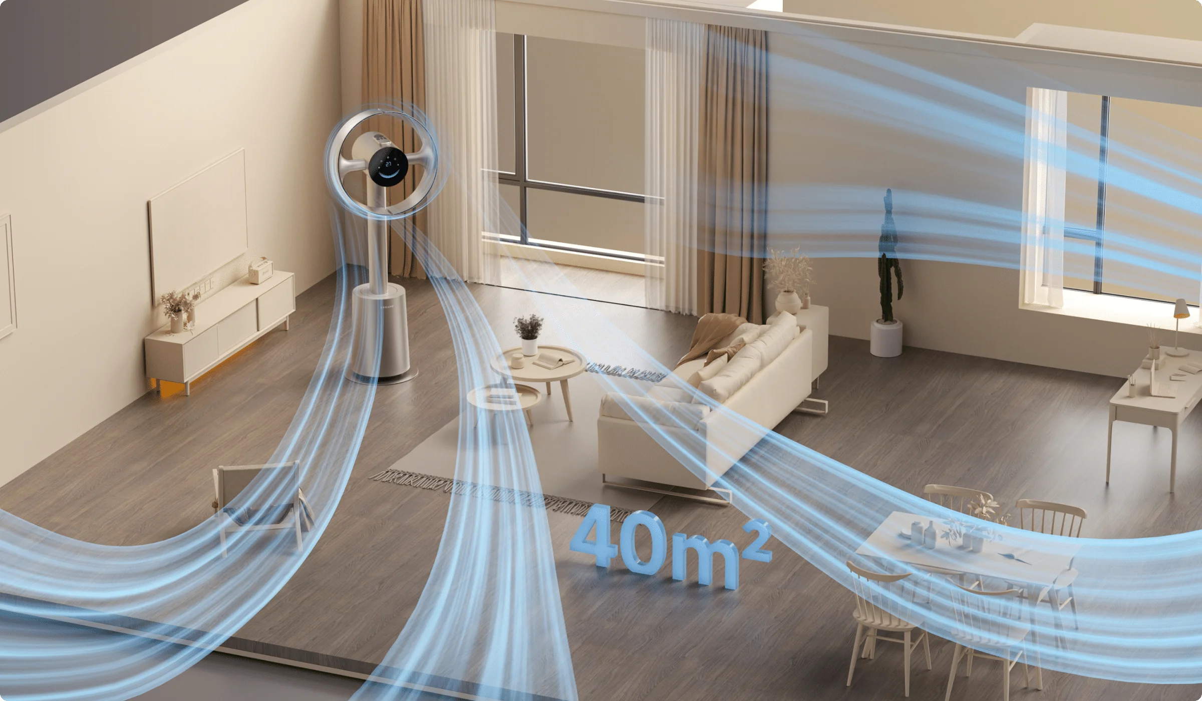 Le champ d'air 3D surround du Dreame MF10 Ventilateur sans pales renouvelle entièrement une pièce de 40 m² en seulement 4 minutes.