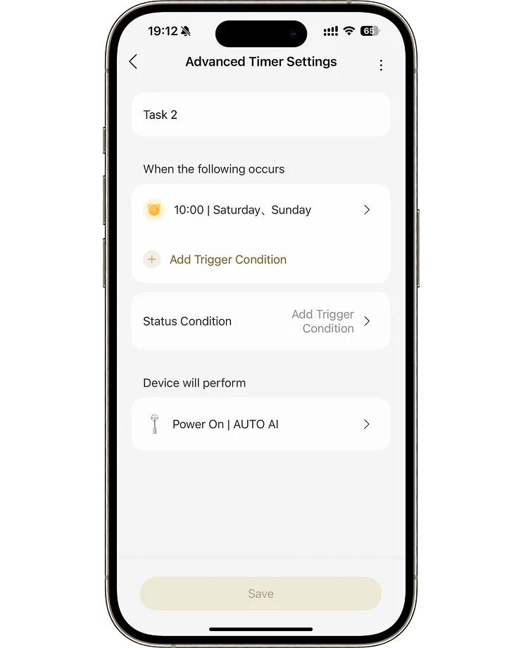 Dreame MF10 Ventilateur sans pales app: déclencheur horaire active automatiquement le mode AUTO AI chaque week-end à 10h.