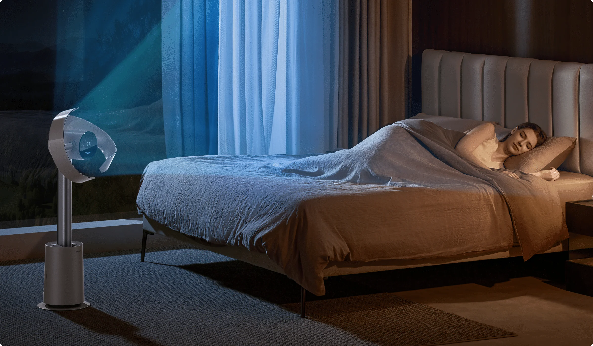 Dreame MF10 Ventilateur sans pales en mode Vent Nuit: flux d'air doux et silencieux pour un sommeil sans interruption.