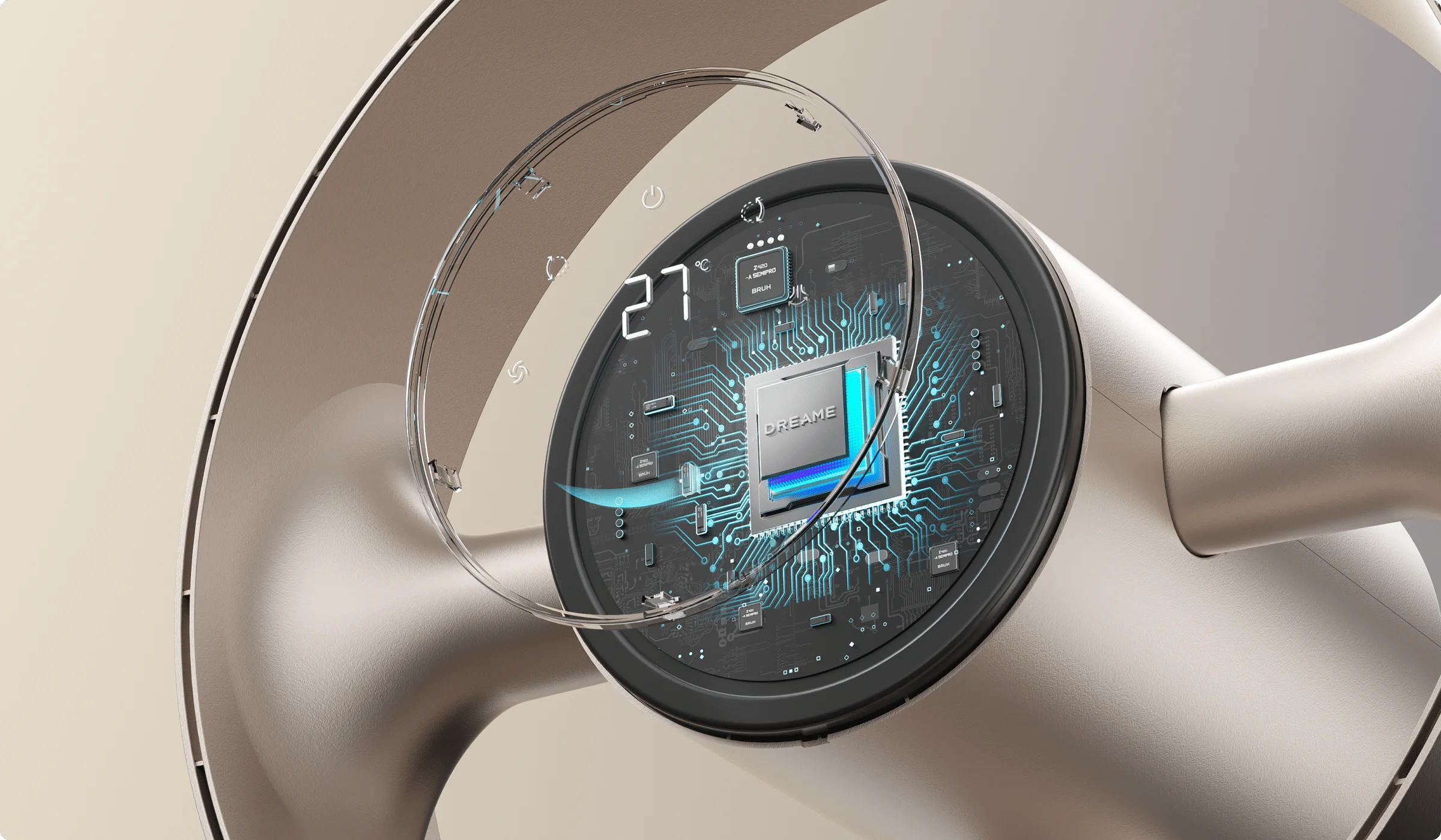 Dreame MF10 Ventilateur sans pales: gros plan sur la puce alimentant trois modes de ventilation naturels et dynamiques.