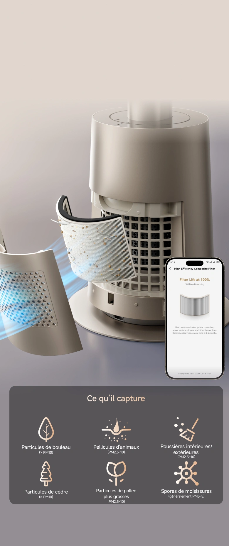 Le filtre optionnel du Dreame MF10 Ventilateur sans pales capture poils d'animaux, pollen de bouleau, spores de moisissures et poussières pour une qualité d'air nettement améliorée.