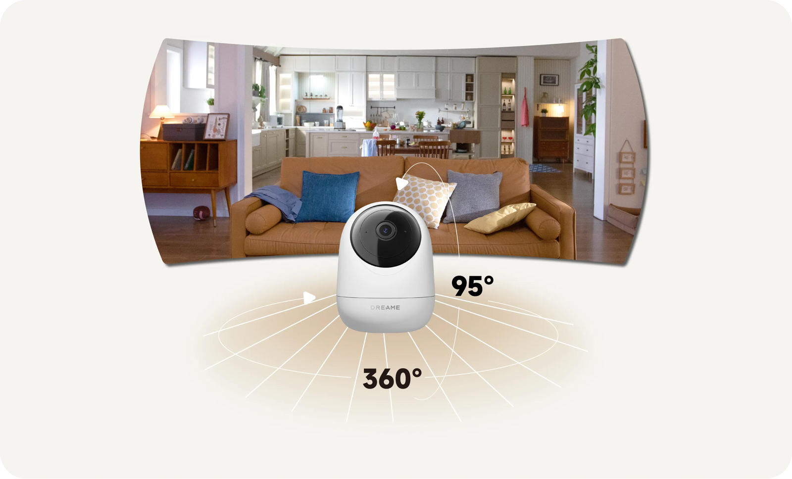 Schéma de couverture de la Dreame NAVO Care SE 1 InCam avec rotation 360° et inclinaison 95° sans angle mort