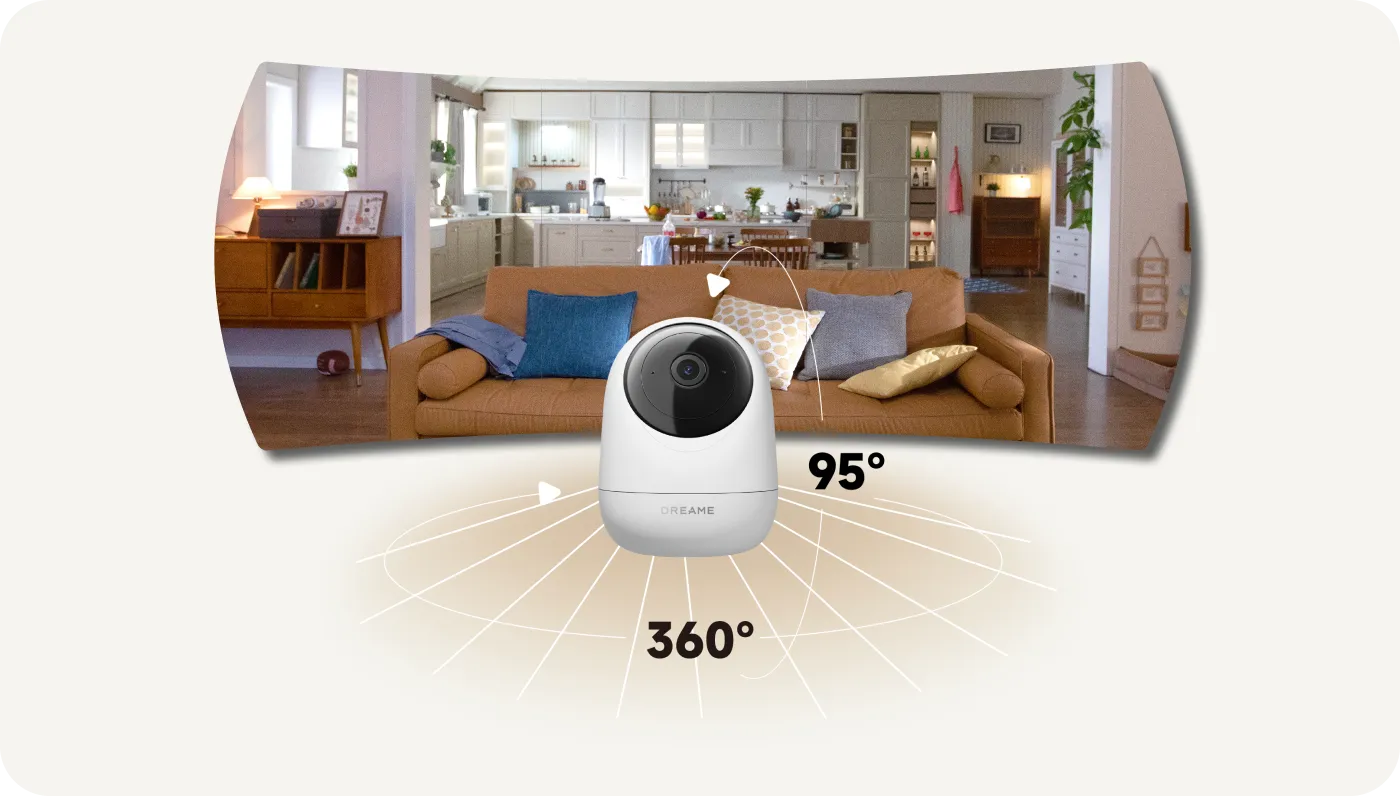 Schéma de couverture de la Dreame NAVO Care SE 1 InCam avec rotation 360° et inclinaison 95° sans angle mort