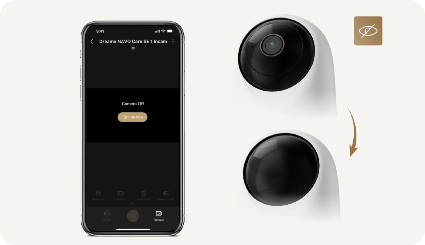 Écran de l'App Dreame affichant le bouton du mode confidentialité physique de la Dreame NAVO Care SE 1 InCam