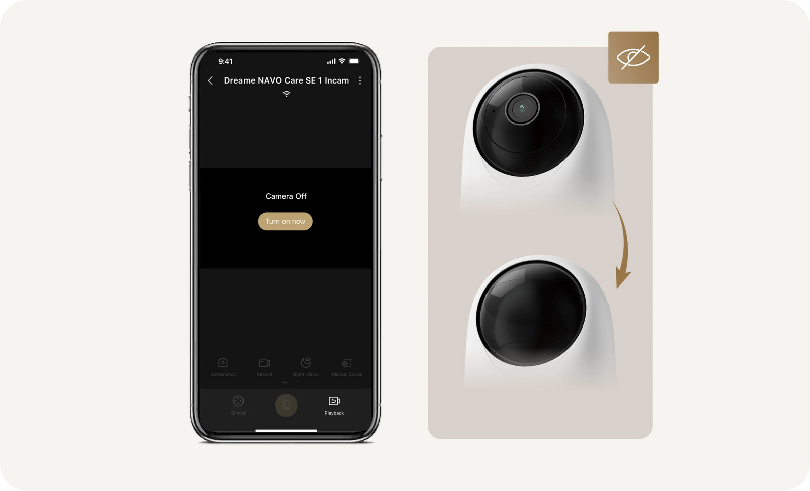 Écran app Dreame affichant le bouton Caméra désactivée pour activer le mode confidentialité physique de la Dreame NAVO Care SE 1 InCam