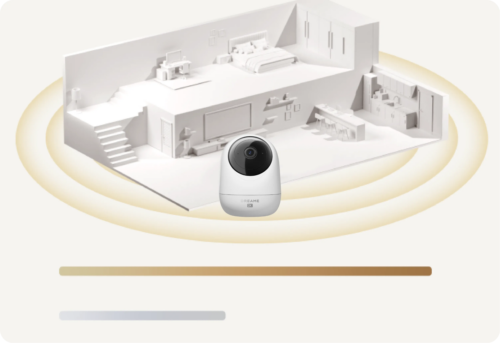 Signal Wi-Fi bi-bande de la Dreame NAVO Care 1 InCam se propageant pour couvrir toute la maison représentée en modèle 3D