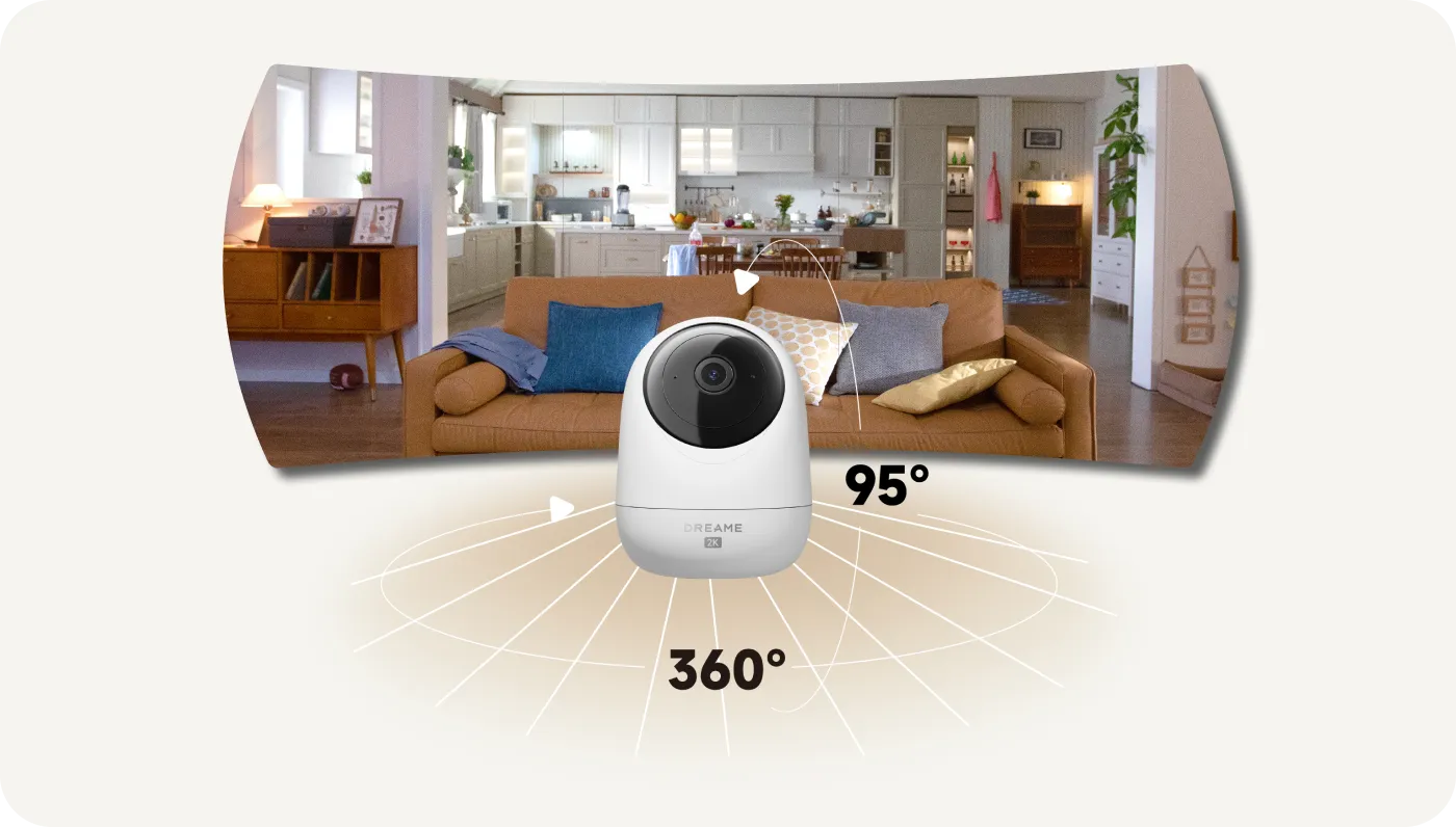 Diagramme de couverture 360° et inclinaison 95° de la Dreame NAVO Care 1 InCam avec vue panoramique complète du salon sans angle mort