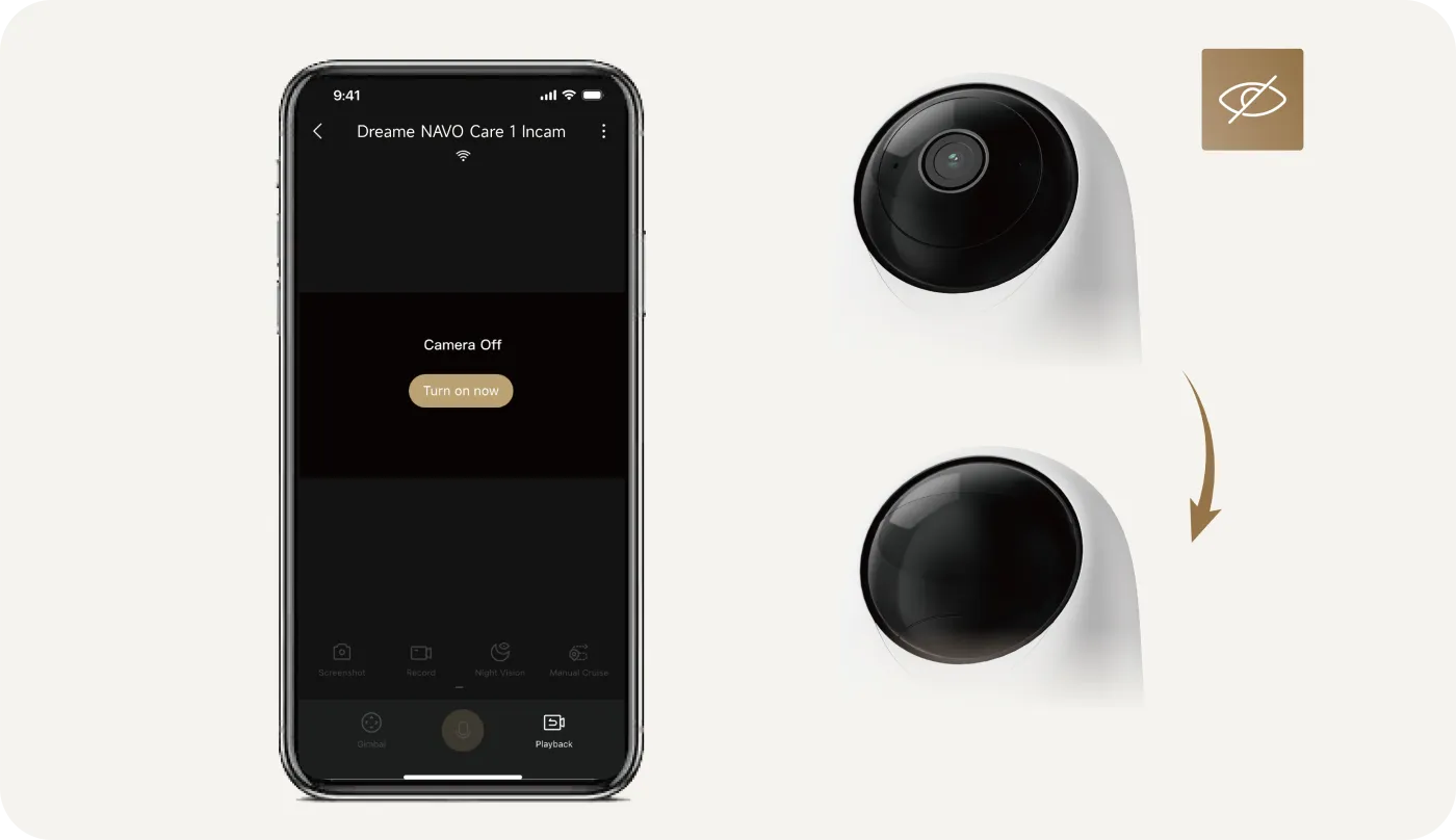 Application Dreame sur smartphone affichant l'écran de contrôle du mode confidentialité physique de la Dreame NAVO Care 1 InCam