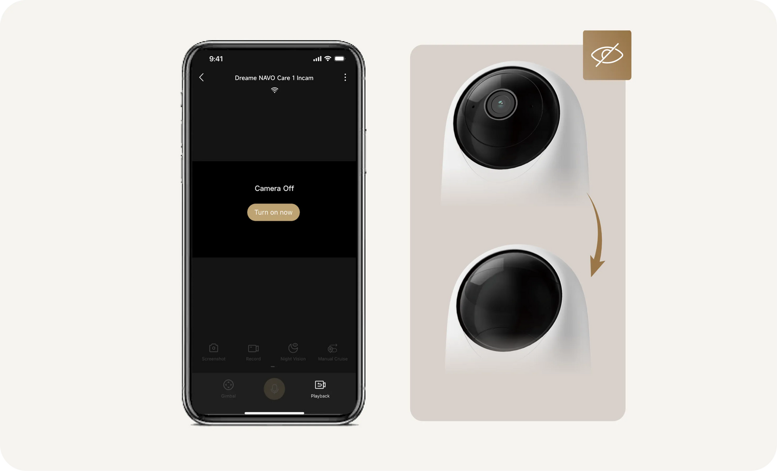 Dreame-App sur smartphone avec interrupteur du mode confidentialité activé pour la Dreame NAVO Care 1 InCam