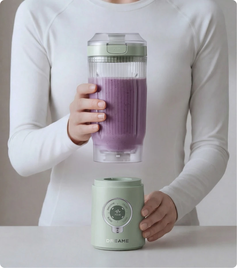 Fonction Twist & Go du Dreame Portable Blender montrant le bol amovible se détachant de sa base