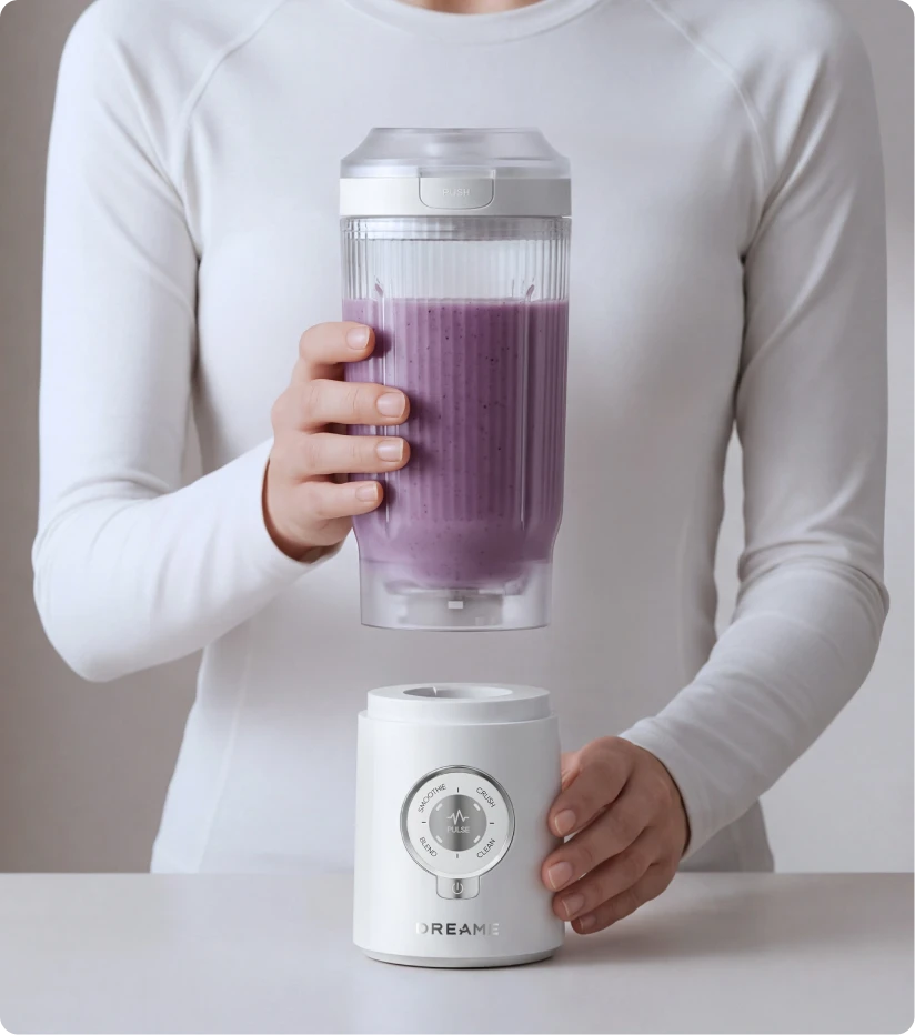 Fonction Twist & Go du Dreame Portable Blender montrant le bol amovible se détachant de sa base