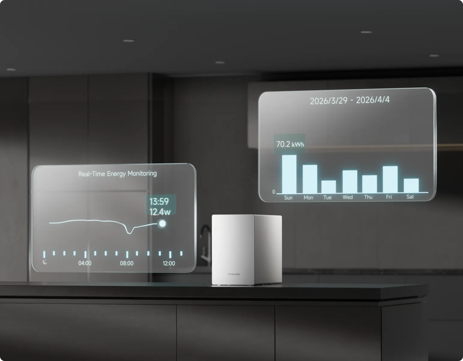 Le suivi énergétique en temps réel du Dreame SF25 WiFi affiche la consommation actuelle et donne accès à l'historique des données.