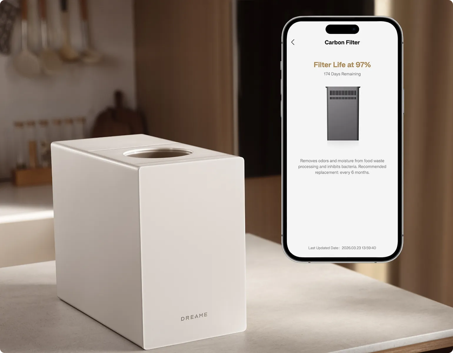 Le Dreame SF25 WiFi affiche en temps réel la durée de vie restante du filtre à charbon actif et envoie des alertes automatiques de remplacement.