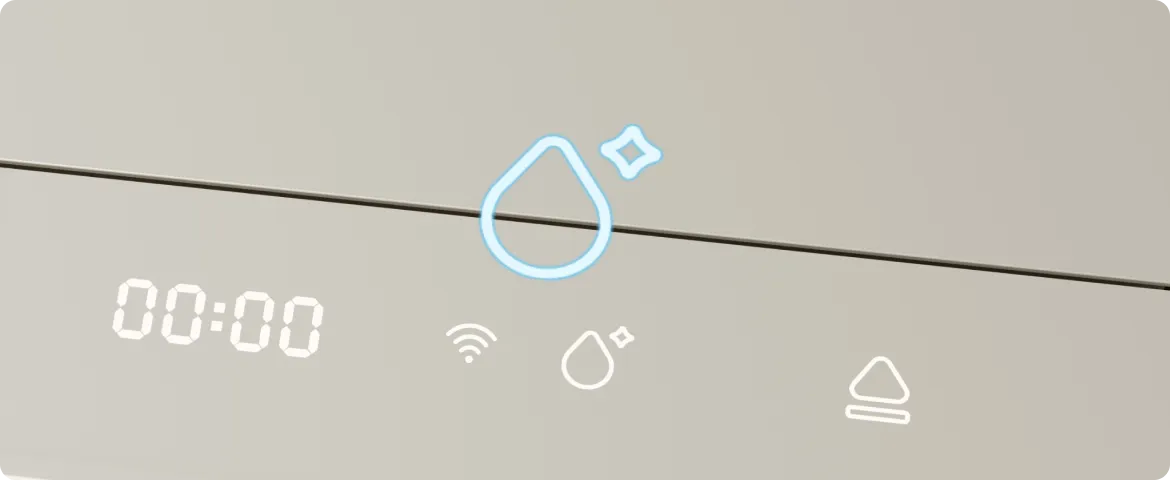Le panneau de commande rétroéclairé du Dreame SF25 WiFi indique le mode nettoyage actif avec affichage du minuteur et icônes tactiles.