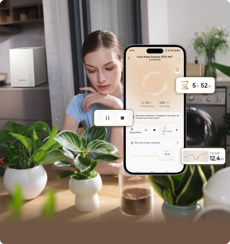 Grâce au contrôle par application du Dreame SF25 WiFi, broyeur de déchets alimentaires, vous pouvez démarrer ou arrêter le cycle de traitement depuis votre smartphone.