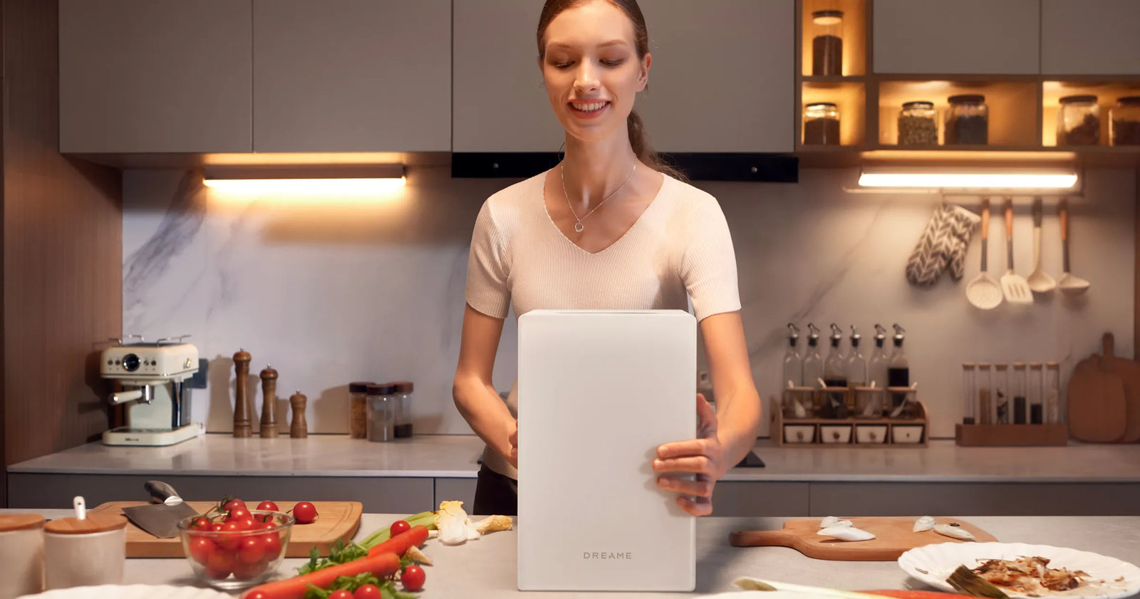 Une femme sort le Dreame SF25 WiFi de son emballage : de l'ouverture de la boîte à la mise en service, l'installation ne prend qu'une minute.
