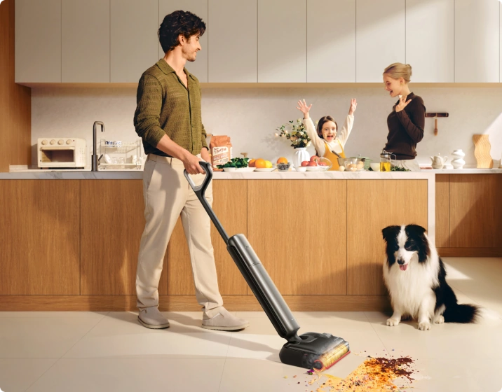 Family cleaning a kitchen floor with T16 Pro Heat