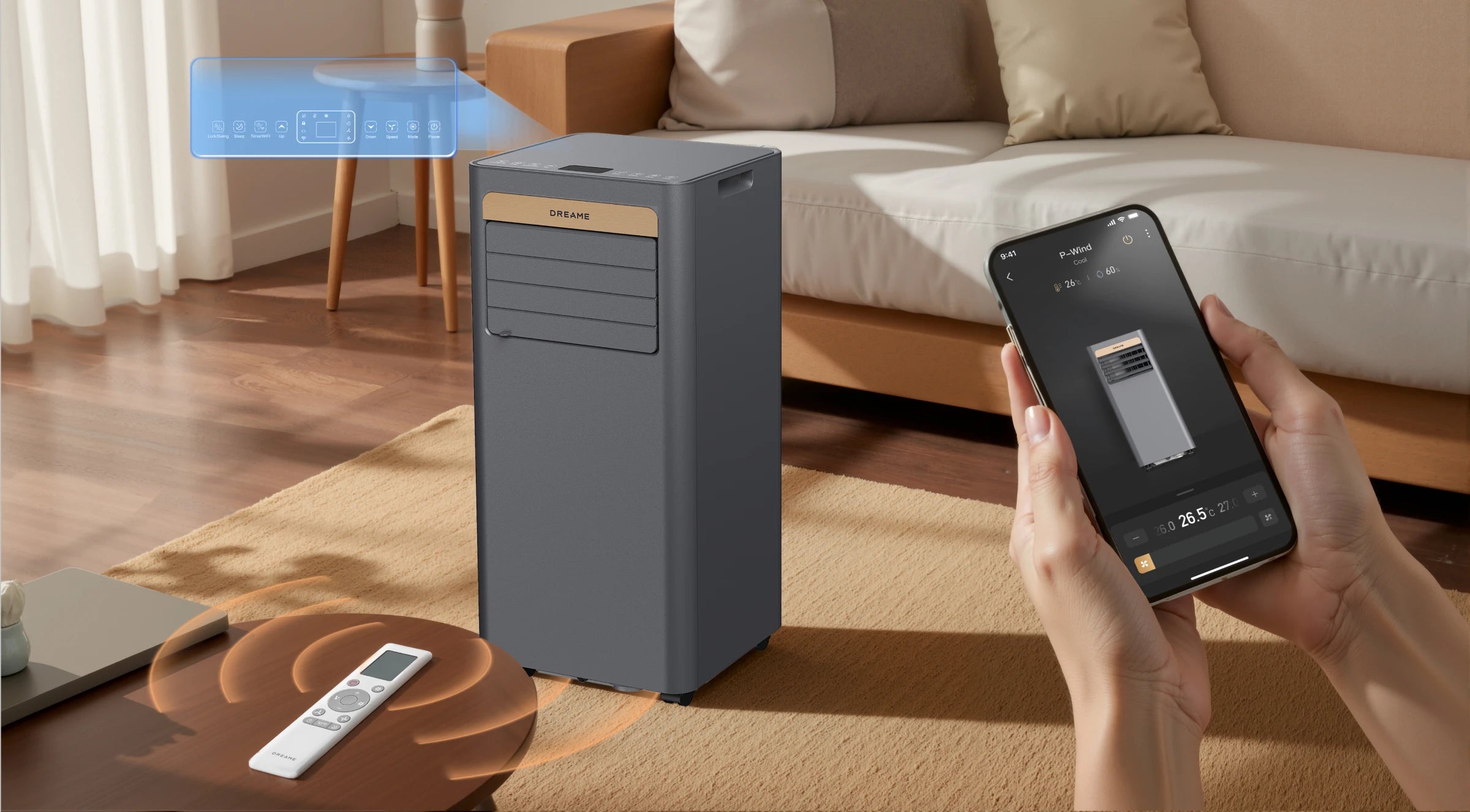 Contrôle du Dreame Climatiseur portable P-Wind10 9 000 BTU via l'application Dreame, la télécommande et l'écran – confort personnalisé toute la journée