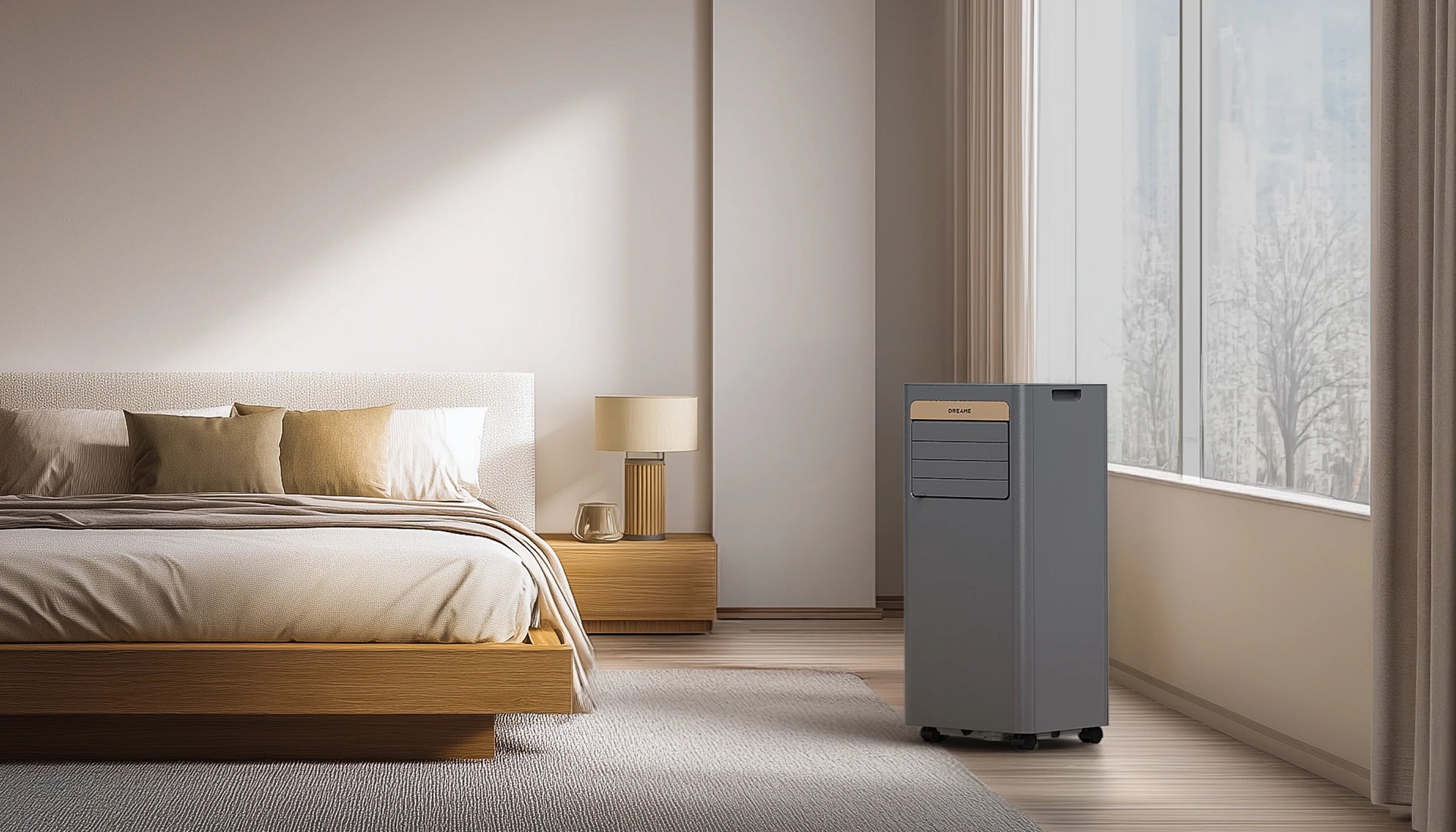 Dreame Climatiseur portable P-Wind10 9 000 BTU compact dans une chambre à coucher – adapté aux chambres, bureaux et petits espaces