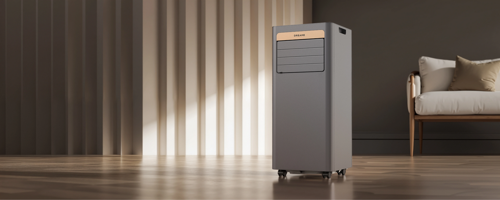 Dreame Climatiseur portable P-Wind10 9 000 BTU dans un salon chaleureux – climatisation mobile partout et à tout moment