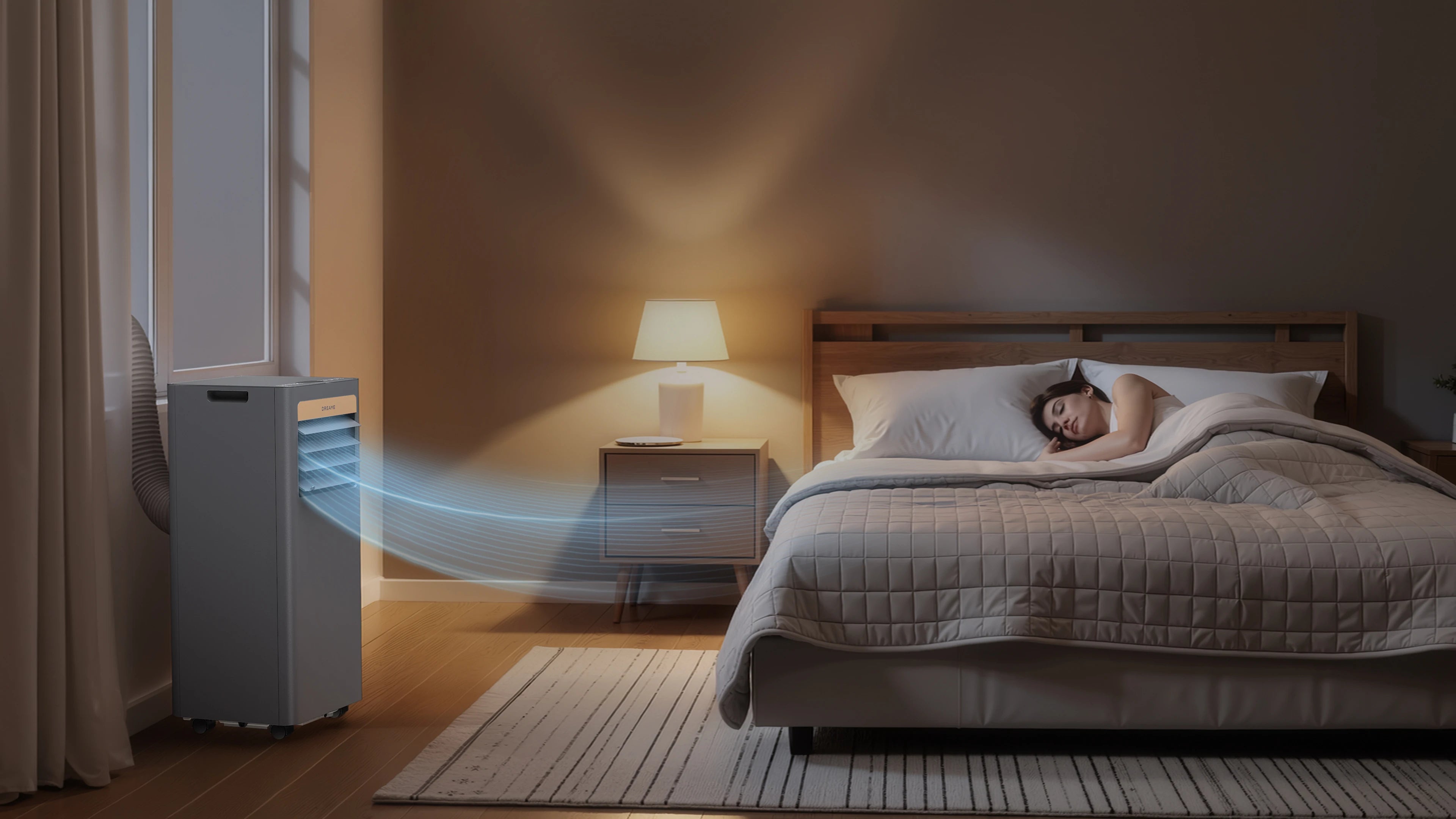 Dreame Climatiseur portable P-Wind10 9 000 BTU en mode sommeil diffuse un flux d'air doux et silencieux toute la nuit