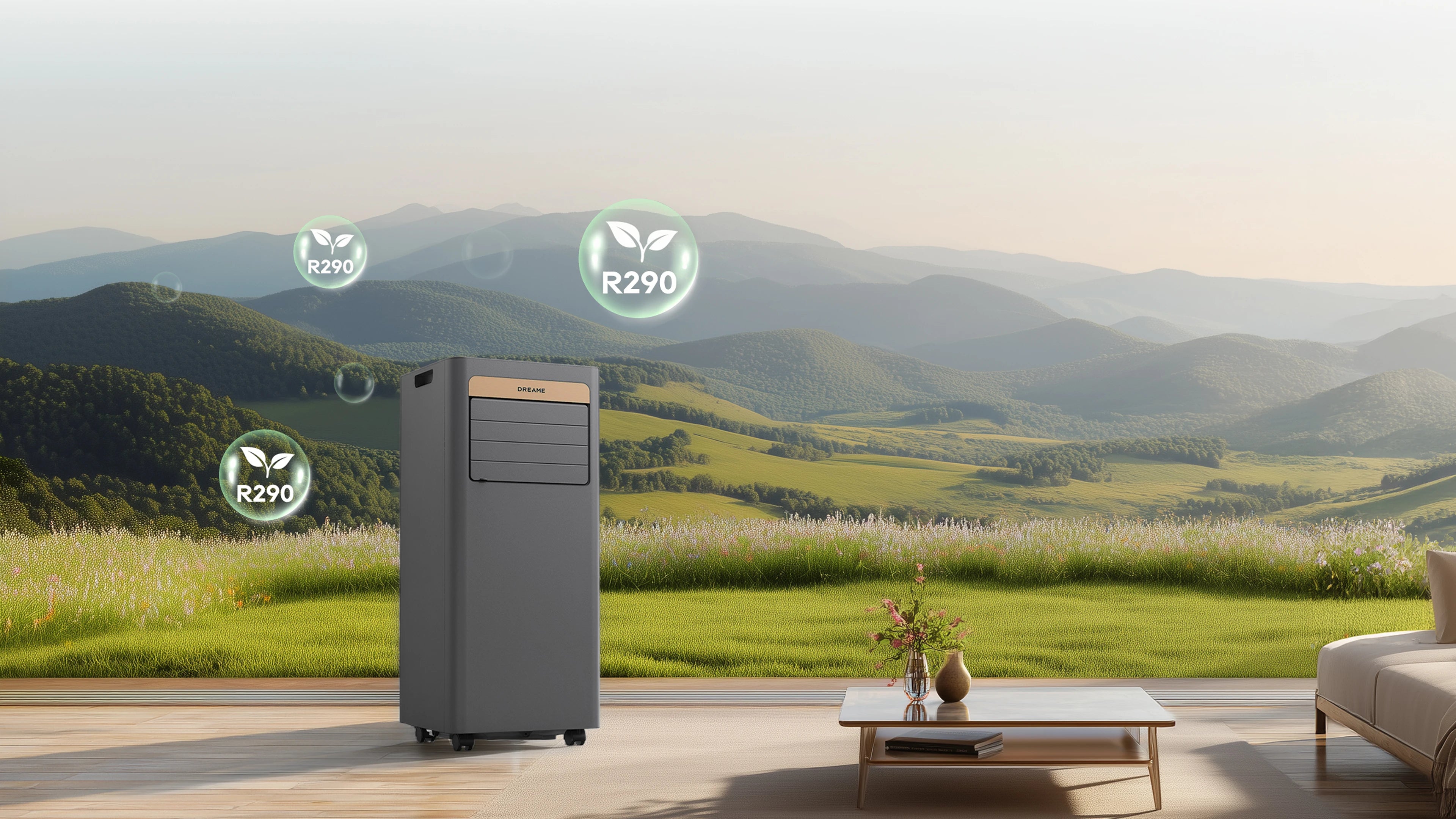 Dreame Climatiseur portable P-Wind10 9 000 BTU utilise le réfrigérant écologique R290 pour un fonctionnement énergétiquement efficace