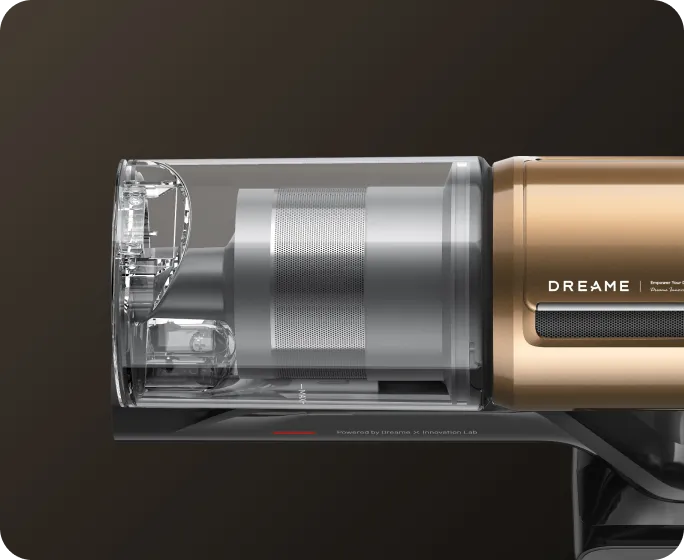 Dreame Z30 Pro Aqua-A Aspirateur balai laveur bac transparent révélant le système de filtration HEPA H14 cinq couches