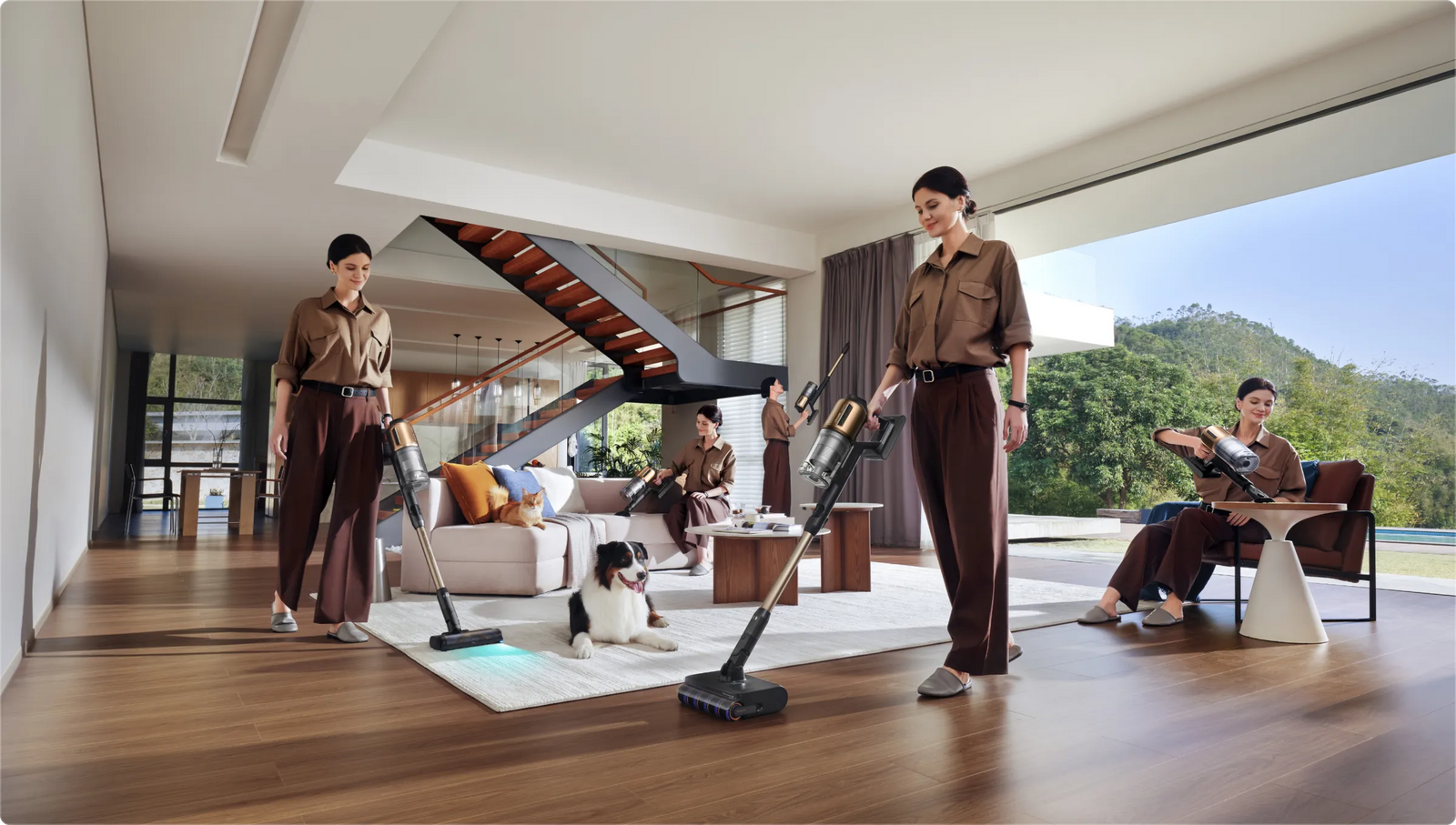 Dreame Z30 Pro Aqua-A Aspirateur balai laveur sur parquet tapis canapé et rideaux dans un salon moderne
